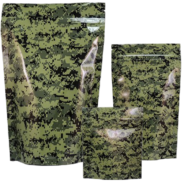 Green camo Mylar stealth bag by Cannaline, durable storage pouch with secure sealing, camouflage design, and discreet appearance.