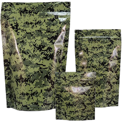 Green camo Mylar stealth bag by Cannaline, durable storage pouch with secure sealing, camouflage design, and discreet appearance.