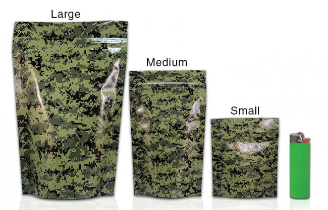 Green camo Mylar stealth bag by Cannaline with durable, reflective material designed for discreet storage.