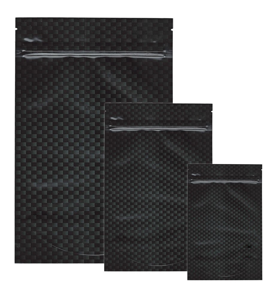 Cannaline Mylar Stealth Bag with carbon fiber design, compact storage pouch for secure, discreet packaging.