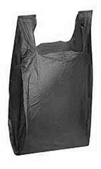 Black T-shirt bags by Grocery Bags, 12x7x22 inches, 0.5 mil thickness, showing stacked plastic shopping bags.