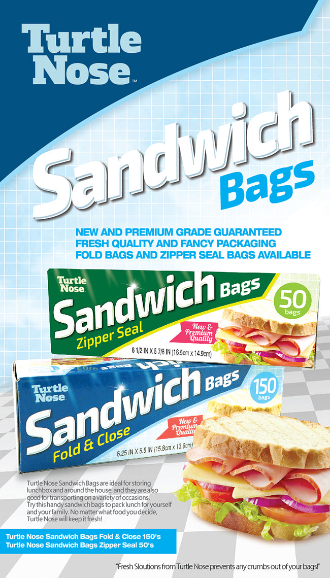 Clear sandwich bags by Turtle Nose, showing resealable plastic bags perfect for storing sandwiches and snacks.