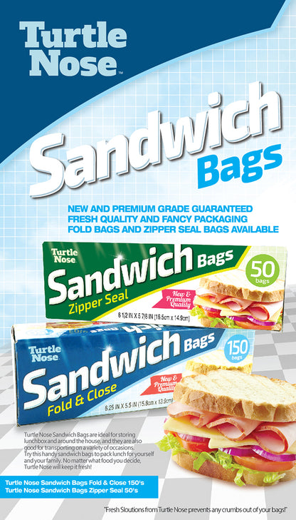 Clear sandwich bags by Turtle Nose, showing resealable plastic bags perfect for storing sandwiches and snacks.