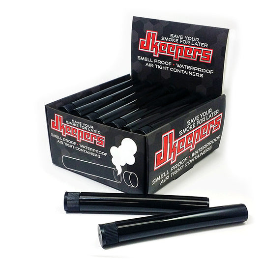 Set of black pre-roll tubes with screw-on caps, displayed in a black and red cardboard box for Cannaline brand.