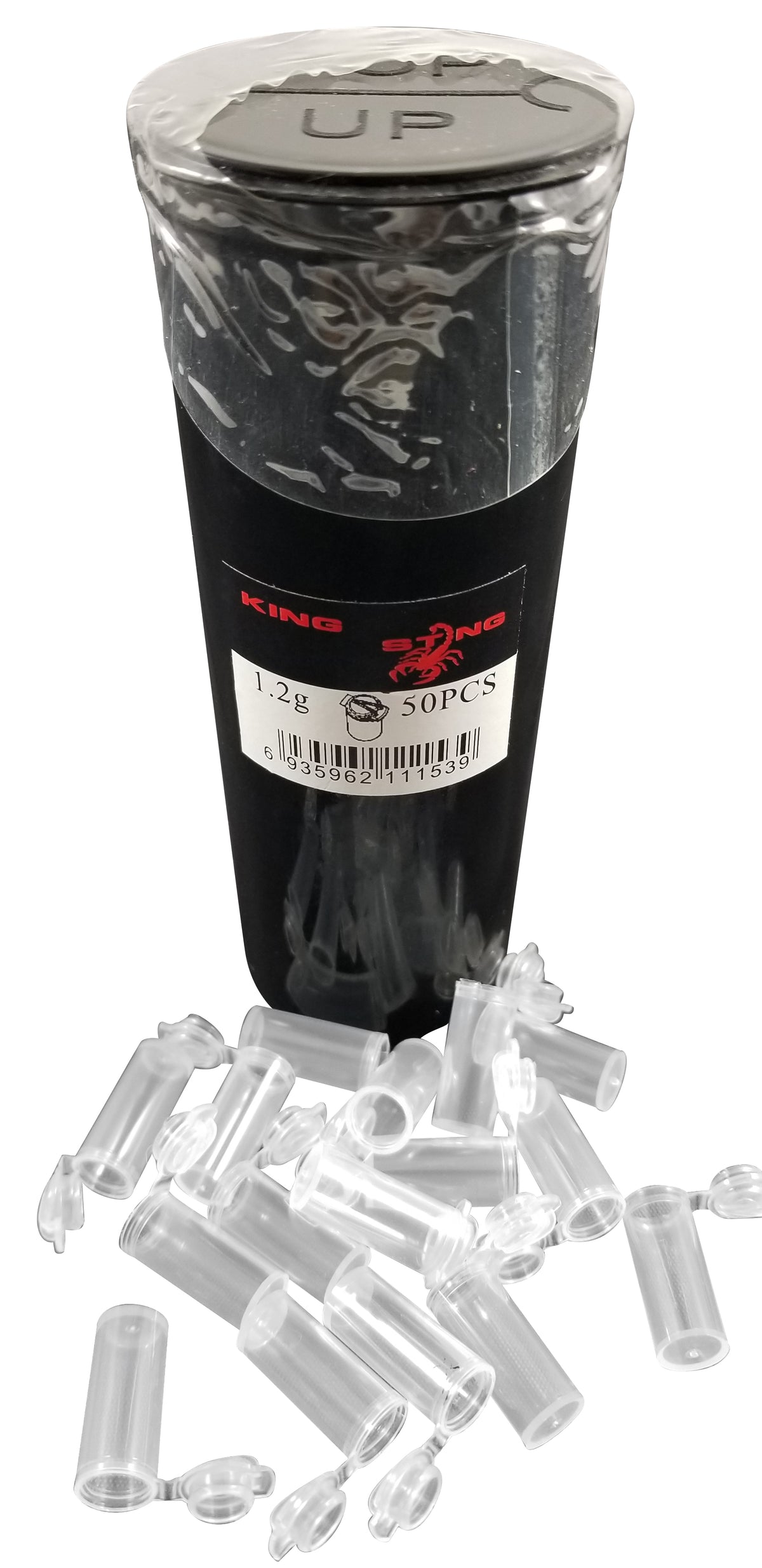 King Sting Mini Pop Top plastic containers with black squeeze top, 2cm x 1cm, 1.2g, designed for prescription pill storage.