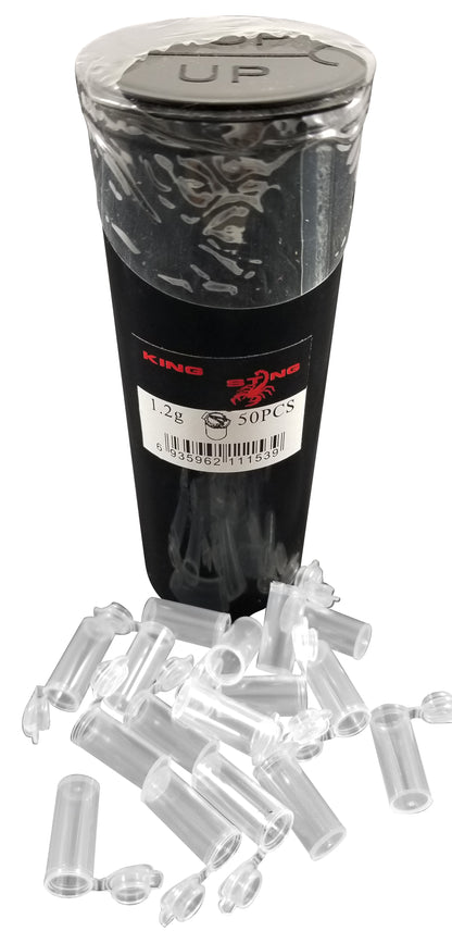 King Sting Mini Pop Top plastic containers with black squeeze top, 2cm x 1cm, 1.2g, designed for prescription pill storage.