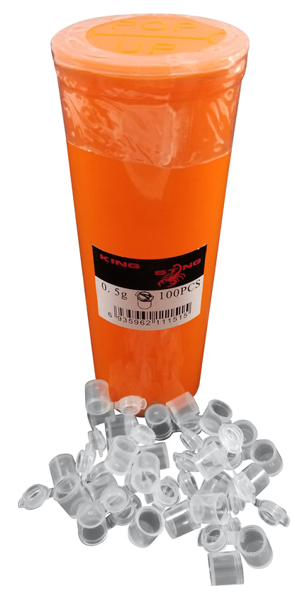 King Sting Mini Pop Top plastic pill containers with orange squeeze top, 1cm size, 0.5 grams, 60 dram prescription RX bottles