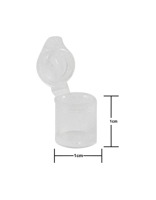 King Sting Mini Pop Top 100 plastic pill containers with orange squeeze top, 1cm size, designed for prescription medication storage.