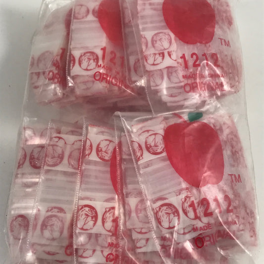 Red Dog Original Apple Bags, resealable 1/2" x 1/2" bags, designed for storage and packaging of small items.