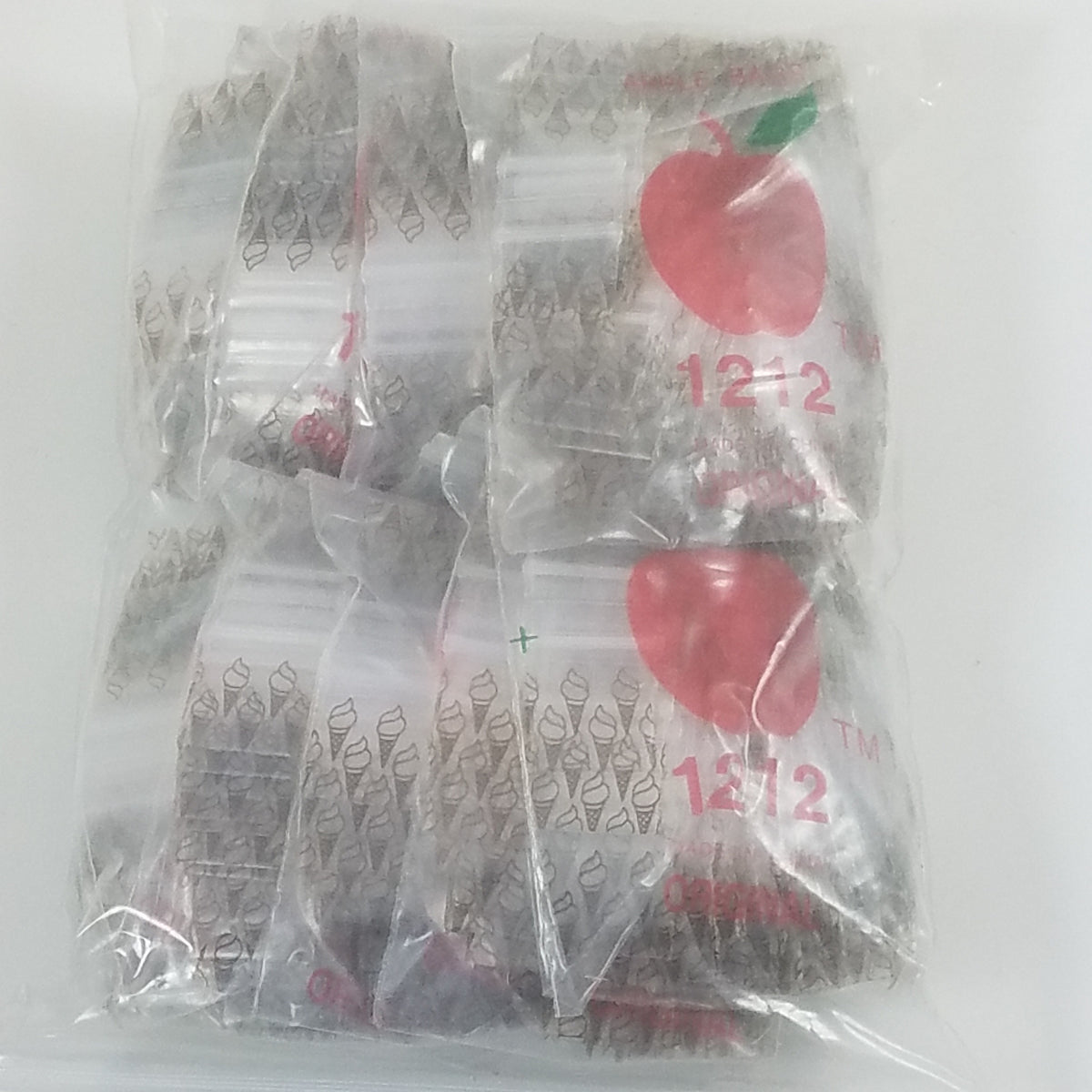 Resealable 1212 Original Apple Bags for ice cream, 1/2 inch by 1/2 inch, clear plastic storage bags.