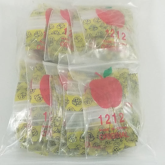 Resealable Original Apple Bags with happy face design, 1/2 inch by 1/2 inch size, ideal for packaging small items.