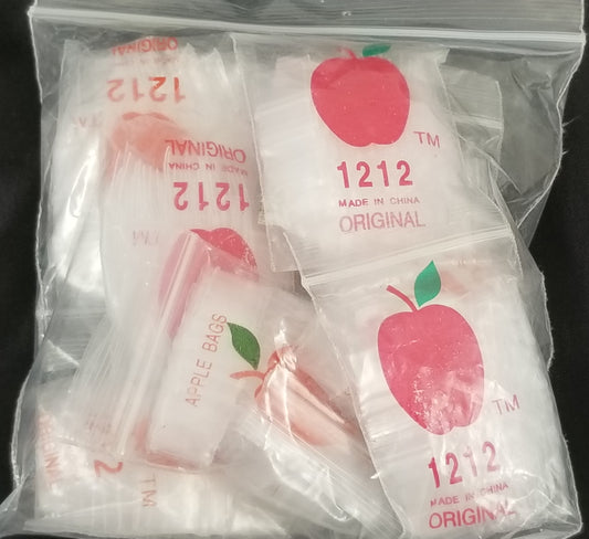 Clear 1/2 x 1/2-inch resealable apple bags by Original Apple Bags, showing transparent plastic bags with resealable tops.