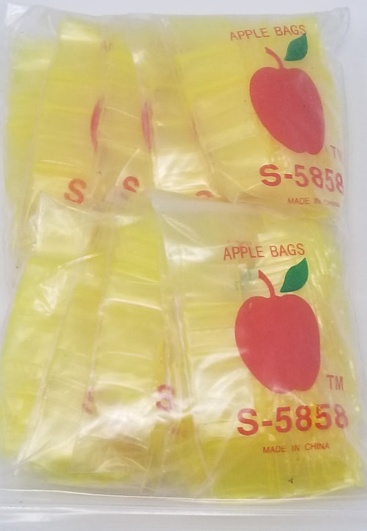 Yellow resealable bags from Original Apple Bags, 5/8 inch by 5/8 inch, suitable for storing small items.