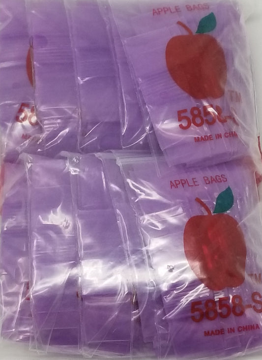 Purple resealable bags from Original Apple Bags, 5/8 inch by 5/8 inch, suitable for packaging or storage.
