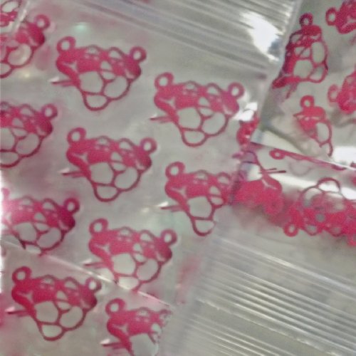 Pink Panther resealable bags by Original Apple Bags, 5/8" x 5/8" size, made of durable transparent plastic.