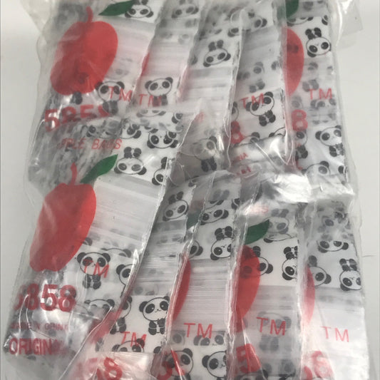 Original Apple Bags 5/8" x 5/8" resealable bags with panda design, ideal for storing small items or gifts.