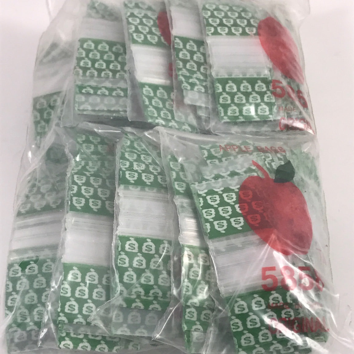 Resealable Original Apple Bags 5/8" x 5/8" money bags, clear plastic with zip closure for secure storage and organization.