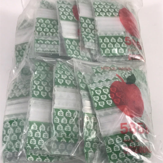 Resealable Original Apple Bags 5/8" x 5/8" money bags, clear plastic with zip closure for secure storage and organization.