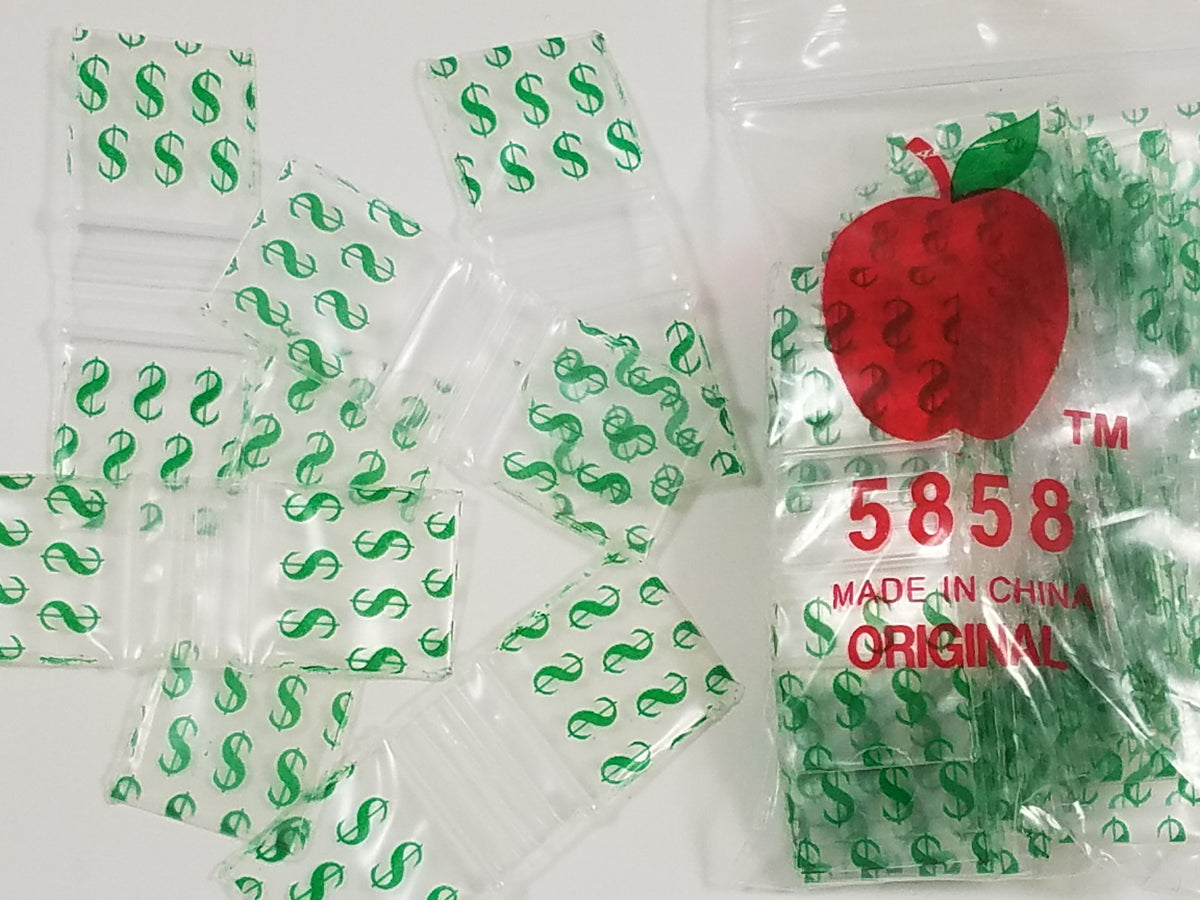 Resealable Original Apple Bags with dollar sign design, 5/8 inch by 5/8 inch, perfect for packaging small items or coins.