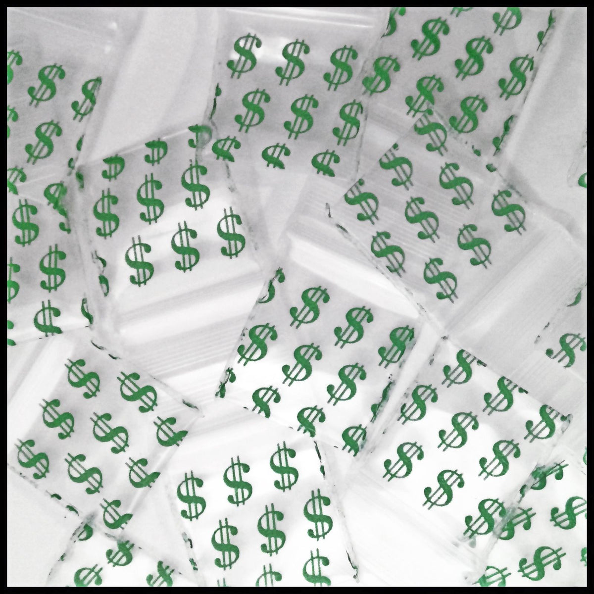 Resealable Original Apple Bags with dollar sign design, 5/8 inch by 5/8 inch, perfect for packaging small items or coins.