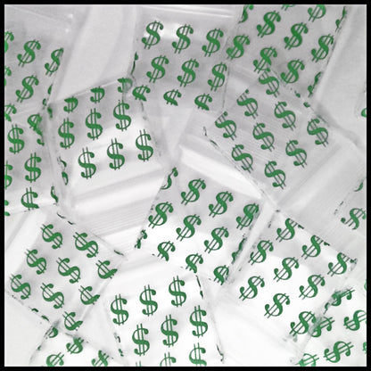 Resealable Original Apple Bags with dollar sign design, 5/8 inch by 5/8 inch, perfect for packaging small items or coins.