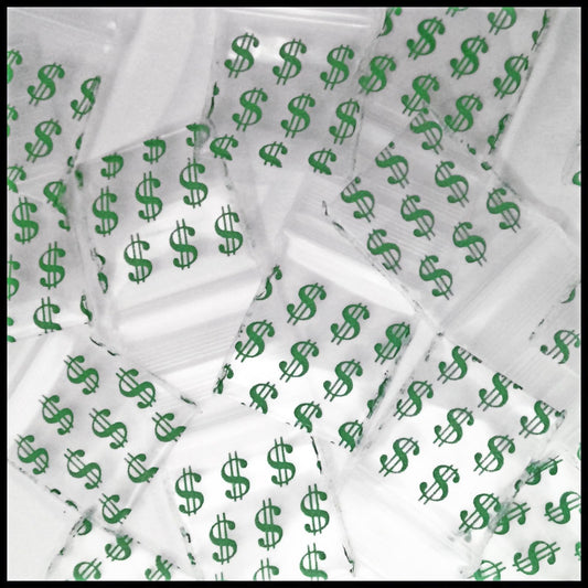 Resealable Original Apple Bags with dollar sign design, 5/8 inch by 5/8 inch, perfect for packaging small items or coins.