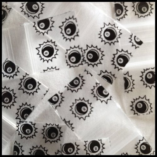 Resealable Original Apple Bags 5/8" x 5/8" with Eight Ball design, ideal for storing small items or collectibles.