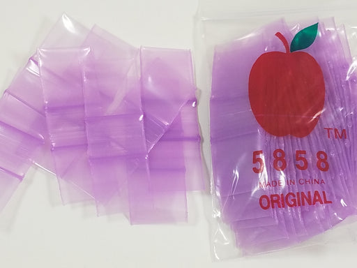 Purple 5858 Original Apple Bags resealable bags, 5/8 inch by 5/8 inch, made for secure storage and packaging.