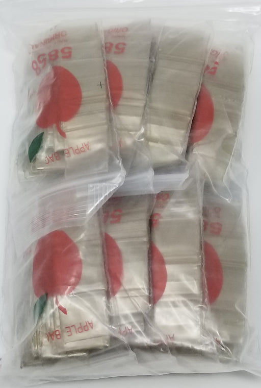 Resealable gold apple-shaped bags with 5/8 inch size, from Original Apple Bags, perfect for packaging small items.