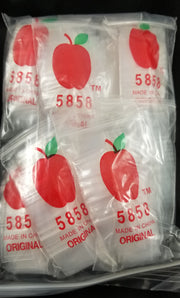Clear resealable bags from Original Apple Bags, 5/8 inch by 5/8 inch, shown in the image.