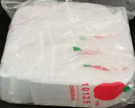 Clear resealable Apple Bags, 1" x 1.25", from Original Apple Bags, shown with opened and closed bags for storage or packaging.