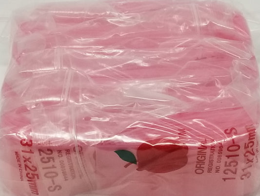 Pink resealable bags from Original Apple Bags, 1.25" x 1", perfect for packaging small items or gifts.