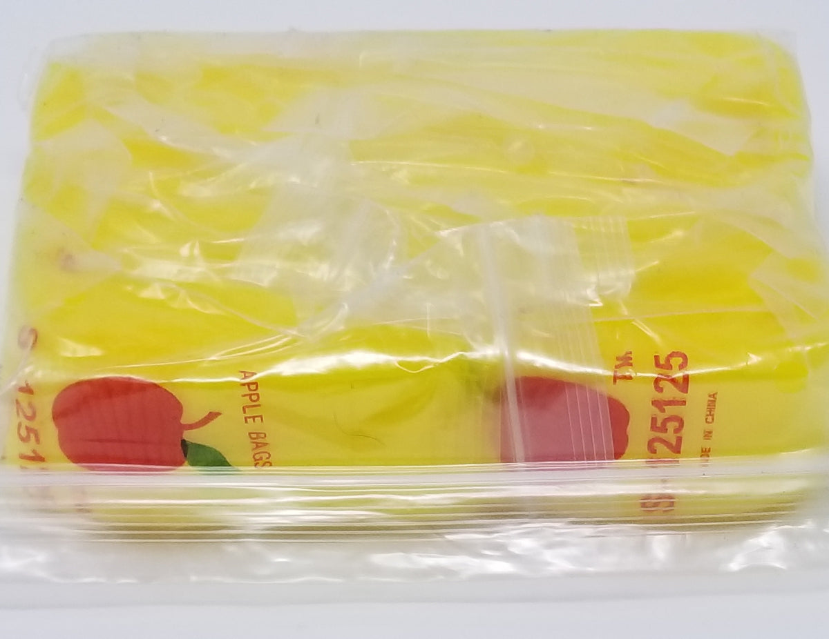 Yellow resealable Apple Bags by Original Apple Bags, 1.25 x 1.25 inches, ideal for storing small items securely.