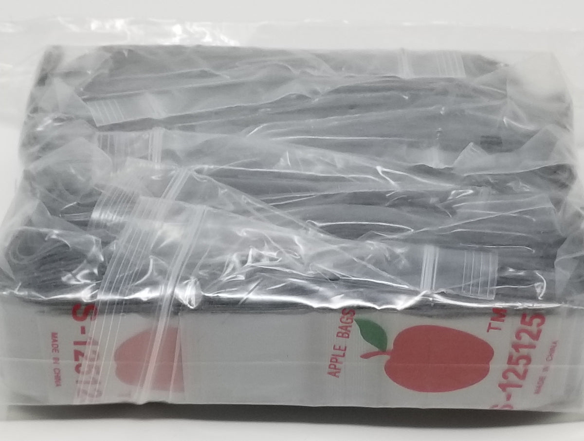 Silver resealable Apple Bags by Original Apple Bags, 1.25 x 1.25 inches, showcasing shiny, durable packaging for small items.