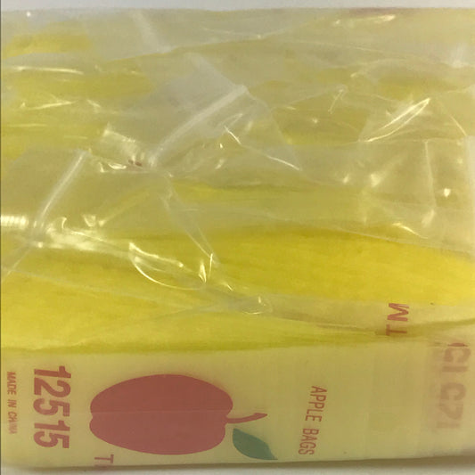 Yellow resealable Apple Bags, 1.25" x 1.5", original brand, featuring secure zipper closure and transparent design.