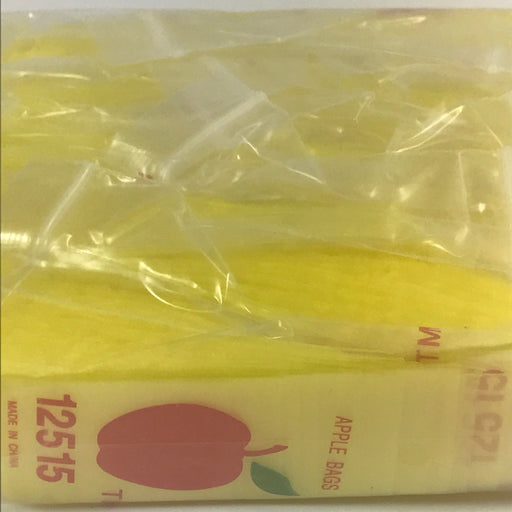 Yellow resealable Apple Bags, 1.25" x 1.5", original brand, featuring secure zipper closure and transparent design.