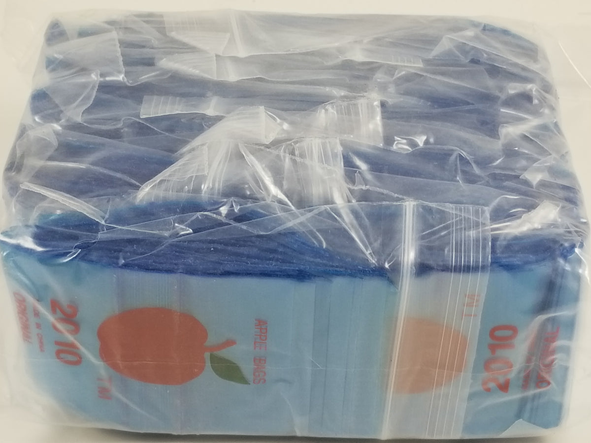 Blue 2x1-inch resealable bags by Original Apple Bags, shown in a close-up image.