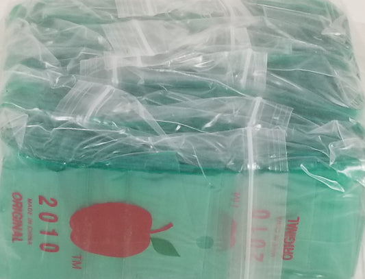 Green 2010 Original Apple Bags resealable bags, 2x1 inches, made by Original Apple Bags, shown in the image.