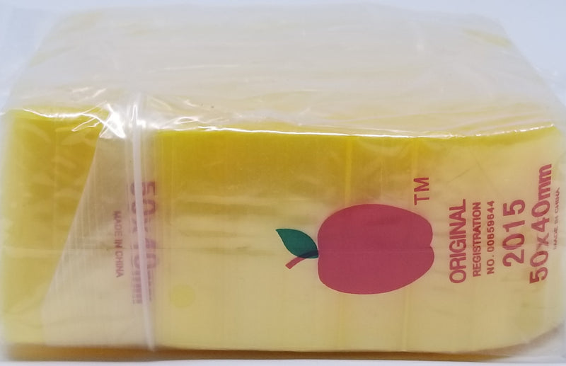 Yellow 2015 Original Apple Bags resealable bags, 2x1.5 inches, made by Original Apple Bags for storing small items.