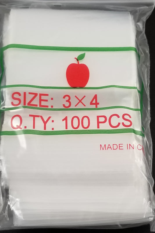 Clear 3" x 4" resealable Apple Bags by Original Apple Bags, showing transparent plastic storage bags with resealable closures.