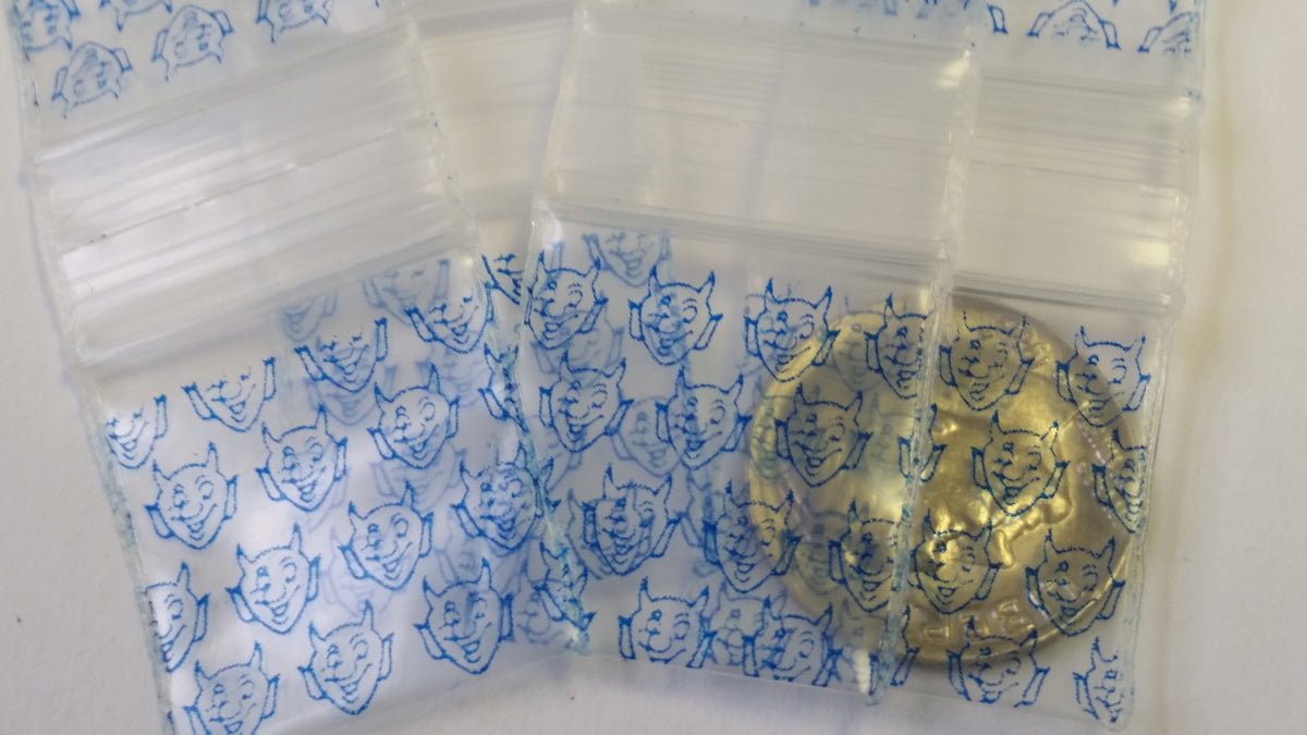 Blue Devil 3/4" x 3/4" resealable plastic bags by Original Apple Bags, shown with clear, resealable closure for secure storage.