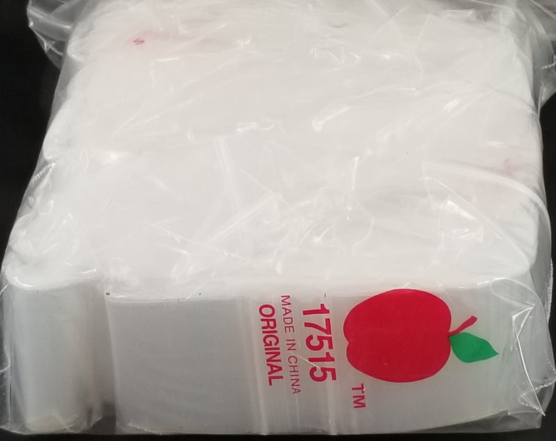 Clear resealable bags from Original Apple Bags, 1.75" x 1.5", perfect for storing small items or packaging.