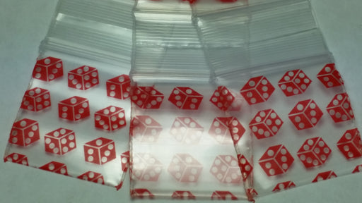 Red dice design resealable bags from Original Apple Bags, 1" x 1", ideal for packaging small items or favors.