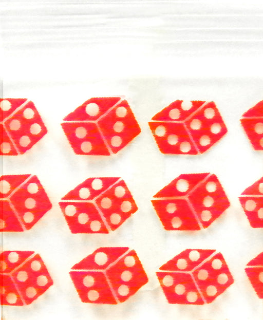 Red dice design resealable bags by Original Apple Bags, 1" x 1" size, perfect for small items or packaging.
