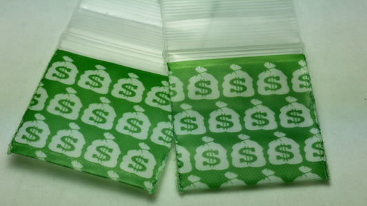 Resealable 1x1 inch original apple-shaped money bags from Original Apple Bags, perfect for storing small valuables.