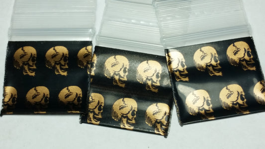 Resealable gold skulls Apple Bags, 1x1 inch, designed for packaging and storage, featuring a stylish skull design.