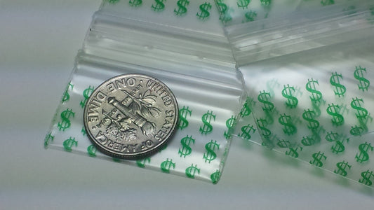 Original Apple Bags resealable bags with dollar sign design, 1.25" x 3/4", ideal for packaging small items or gifts.