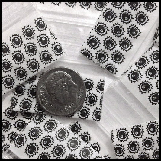 Original Apple Bags resealable bags with Eight Ball design, 1.25x0.75 inches, ideal for packaging small items.