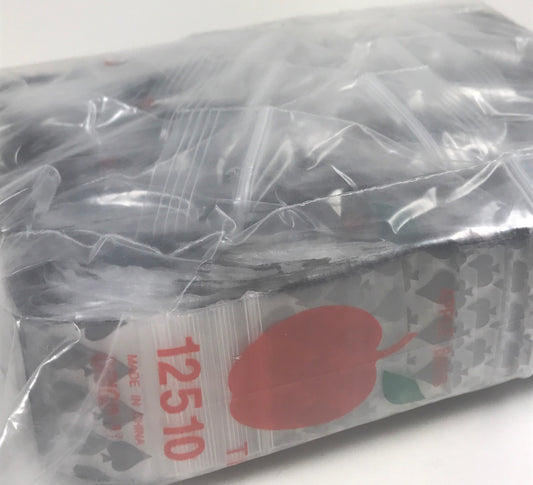 Original Apple Bags resealable bags with spade design, measuring 1.25" x 1", ideal for storing small items.