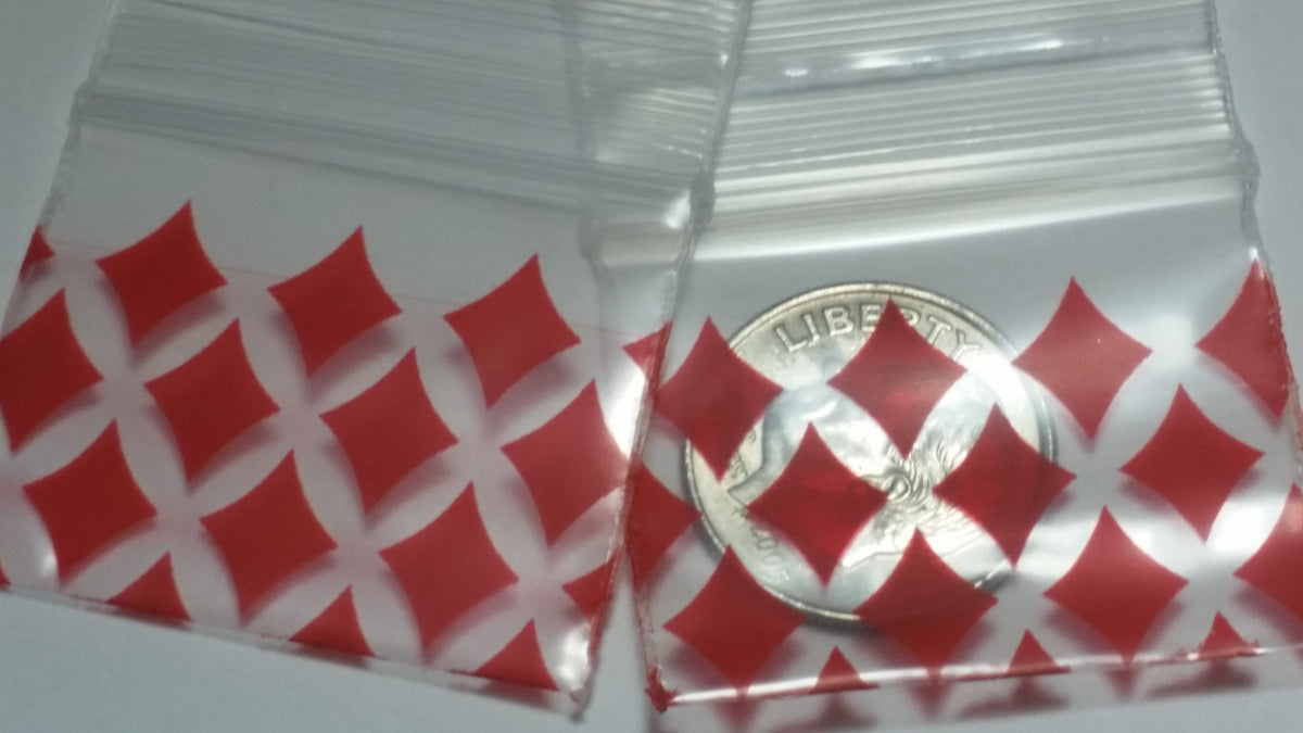 Resealable Original Apple Bags with red diamond design, 1.25" x 1", ideal for storing small items or collectibles.